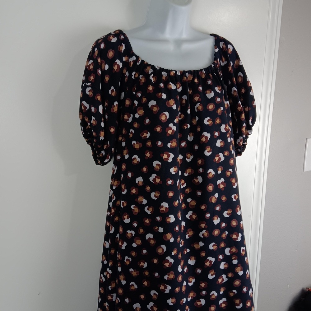 Ann Taylor Dress Womens XS Navy Blue Abstract Dot Puff Sleeve Lined Peasant - Picture 2 of 11